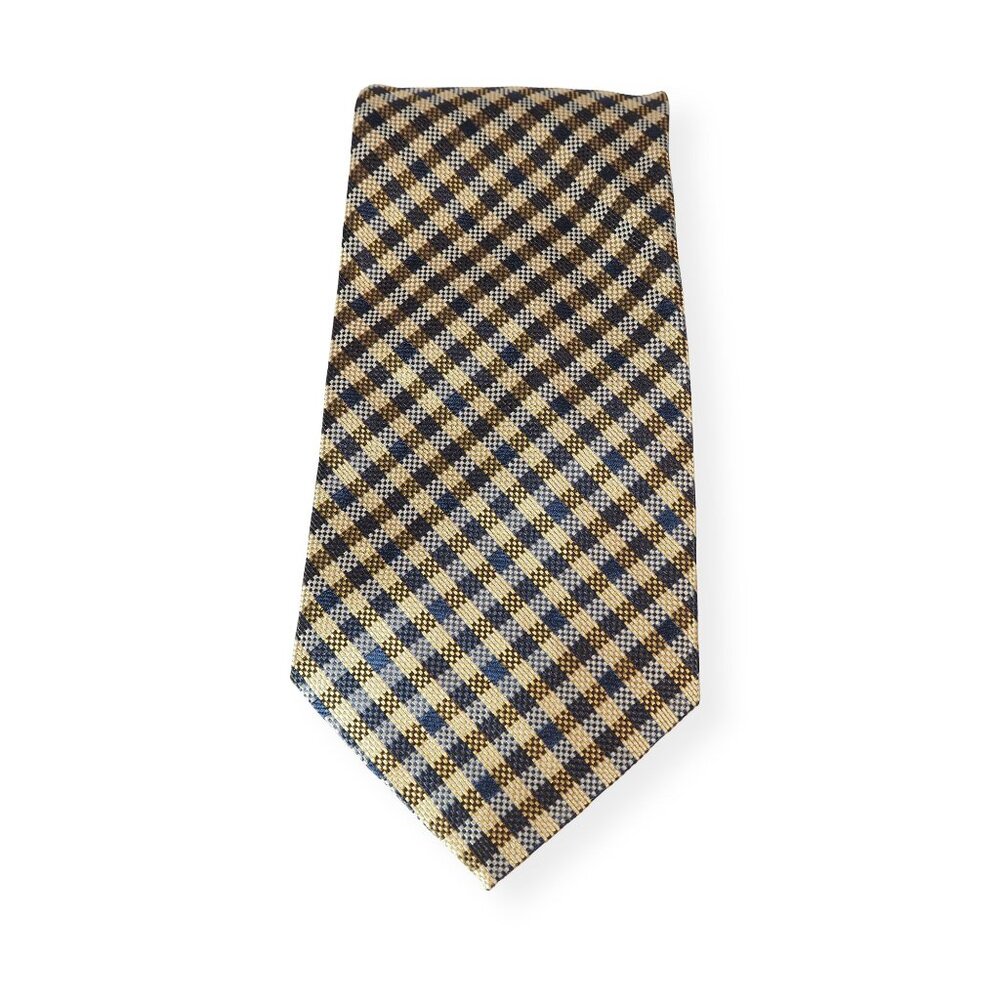 Grant Thomas Hand Sewn Checker 100% Silk Tie‎ Yellow Navy